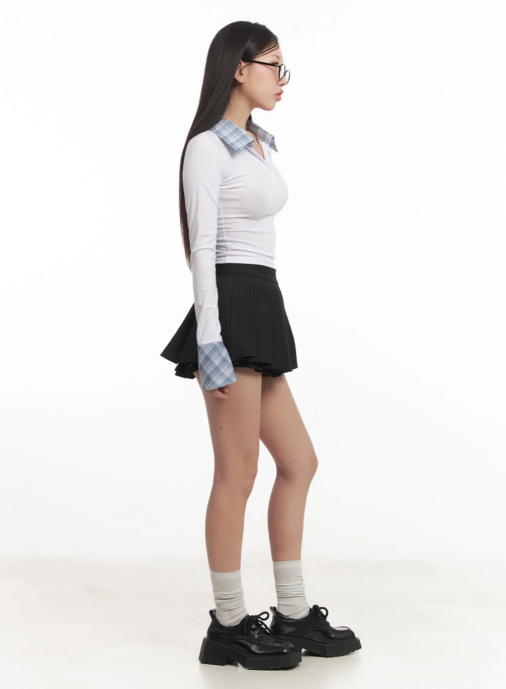 Checkered-Collar Long-Sleeve Crop Top CM531 - Image 3