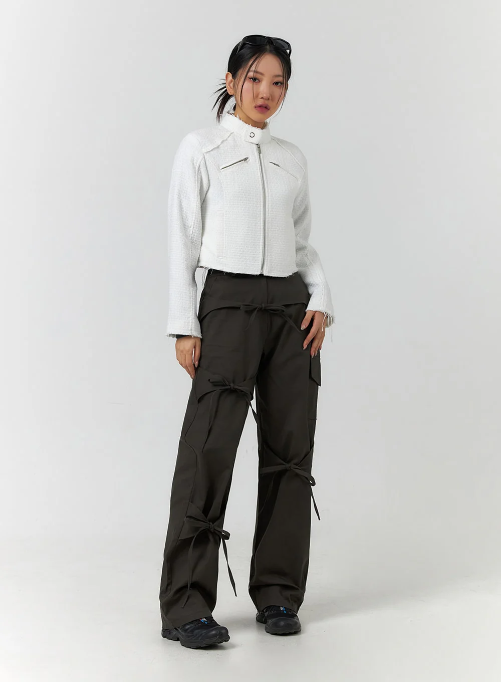 High Neck Tweed Zipper Biker Jacket CF401 - Image 9