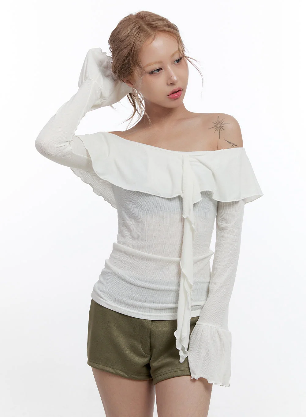Solid Off Shoulder Long Sleeve Top CN422 - Image 4